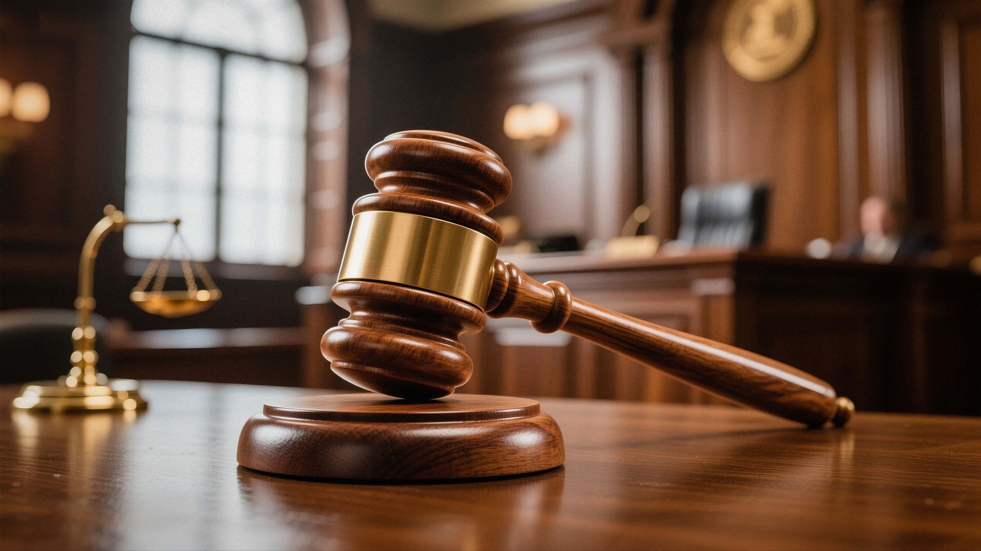 kahoy na martilyo na nakapatong sa mesa sa loob ng korte